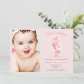 Schattigee Foto Roze Bloemen Meisje's Eerste Verja Kaart (Staand voorkant)