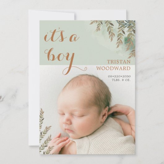 Schattigee Foto Sage Cocoa Boy Geboorteaankondigin (Voorkant)