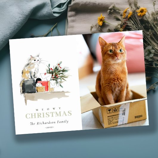 Schattigee Foto Waterverf Meowy Kerstcadeau Kat Feestdagenkaart