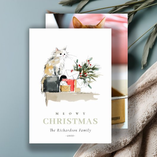Schattigee Foto Waterverf Meowy Kerstcadeau Kat Feestdagenkaart