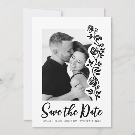 Schattigee Foto Zwart Wit Rozen QR Code Website Save The Date (Voorkant)