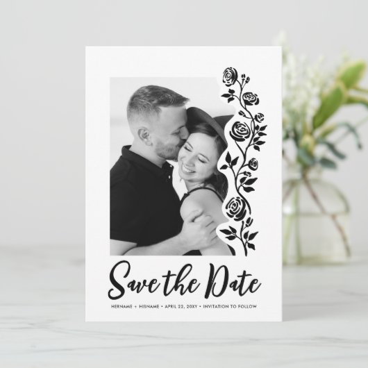 Schattigee Foto Zwart Wit Rozen QR Code Website Save The Date (Staand voorkant)