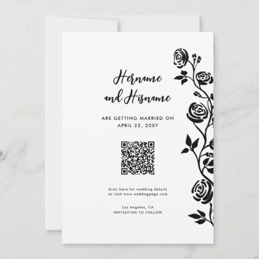 Schattigee Foto Zwart Wit Rozen QR Code Website Save The Date (Achterkant)