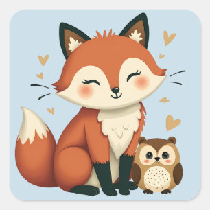 Schattigee Fox and Owl grillige Woodland illustrat Vierkante Sticker