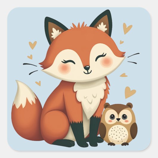 Schattigee Fox and Owl grillige Woodland illustrat Vierkante Sticker (Voorkant)