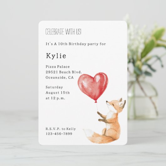 Schattigee Fox Animal Heart Balloon Verjaardag Kaart (Staand voorkant)