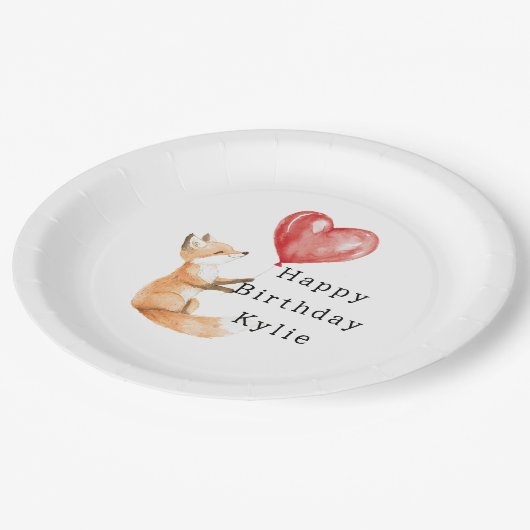 Schattigee Fox Animal Heart Balloon Verjaardag Papieren Bordje (Gekanteld)