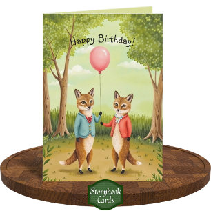 Schattigee Fox Couple Forest Storybook Art Verjaar Kaart
