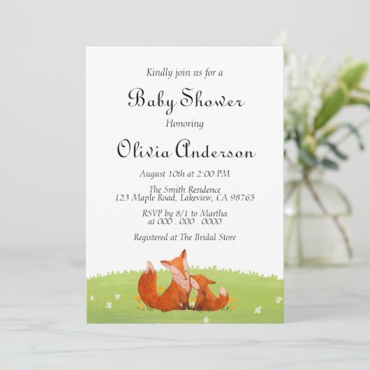 Schattigee Fox Rustic Woodland Baby shower uitnodi Kaart (Staand voorkant)