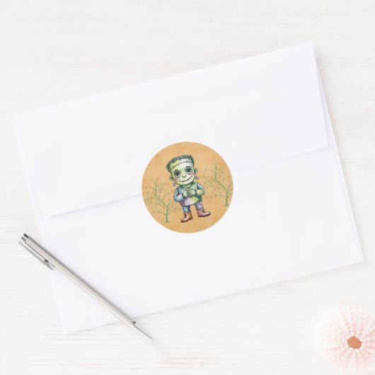 Schattigee Frankenstein Halloween Verjaardag Jonge Ronde Sticker (Envelop)