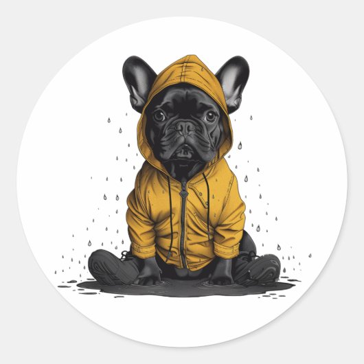 Schattigee Franse buldog met regenjas Ronde Sticker (Voorkant)
