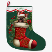 Schattigee Franse buldog puppy gluren Grote Kerstsok (Voorkant)