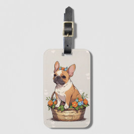 Schattigee Franse Bulldog in een mand met bloemen Bagagelabel