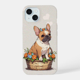 Schattigee Franse Bulldog in een mand met bloemen iPhone 15 Case
