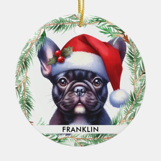 Schattigee Franse Bulldog Kerst Gepersonaliseerde  Keramisch Ornament (Voorkant)