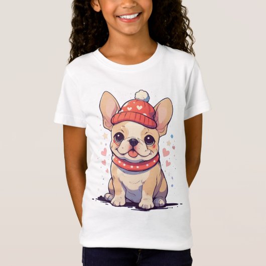 Schattigee Franse Bulldog met pet en sjaal T-shirt (Voorkant)