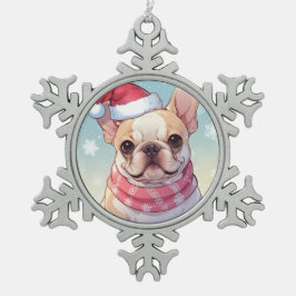 Schattigee Franse Bulldog met pet en sjaal Tin Sneeuwvlok Ornament