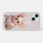 Schattigee Franse Bulldog met roze strikje iPhone 15 Case (Achterkant horizontaal)