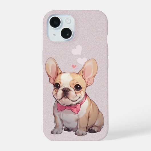 Schattigee Franse Bulldog met roze strikje iPhone 15 Case (Achterkant)