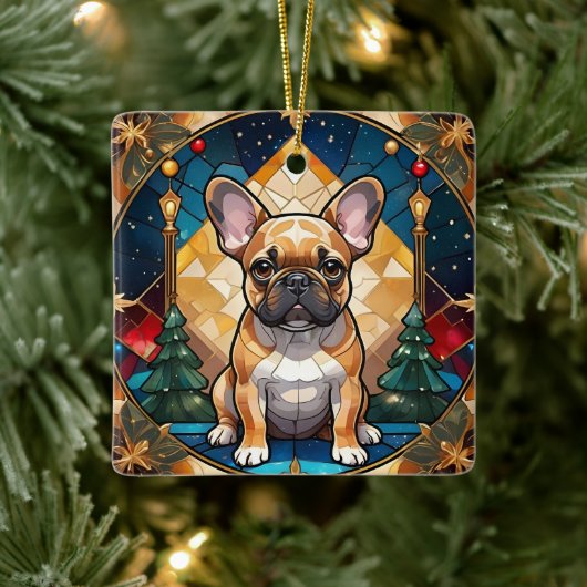 Schattigee Franse Bulldog Pastel Glas in lood Kers Keramisch Ornament (Boom)