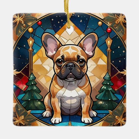 Schattigee Franse Bulldog Pastel Glas in lood Kers Keramisch Ornament (Voorkant)