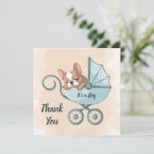 Schattigee Franse Bulldog Pup Blue Stroller Baby s Bedankkaart (Staand voorkant)