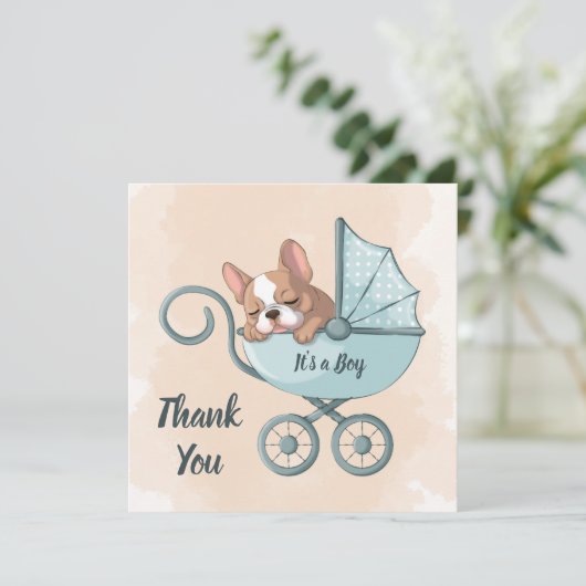 Schattigee Franse Bulldog Pup Blue Stroller Baby s Bedankkaart (Staand voorkant)