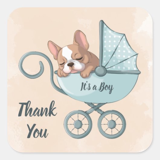 Schattigee Franse Bulldog Pup Blue Stroller Baby s Vierkante Sticker (Voorkant)