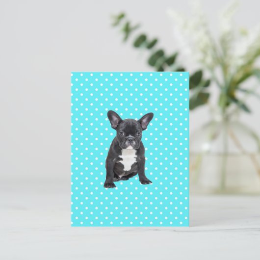 Schattigee Franse Bulldog Puppy Blauwe Polka Dots Briefkaart (Staand voorkant)