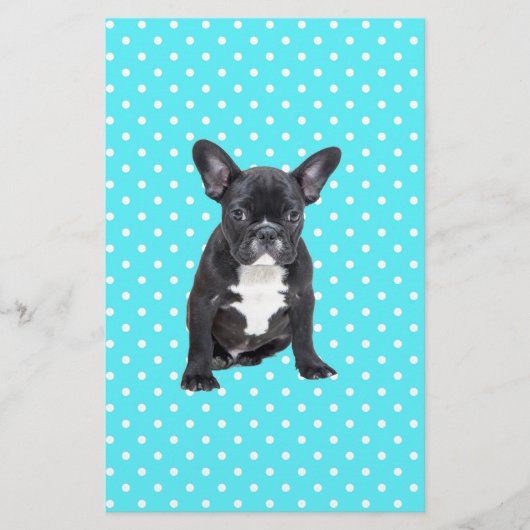 Schattigee Franse Bulldog Puppy Blauwe Polka Dots Briefpapier (Voorkant)