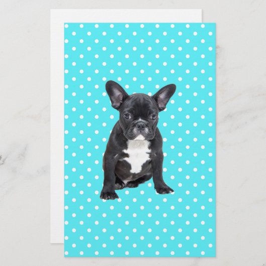 Schattigee Franse Bulldog Puppy Blauwe Polka Dots Briefpapier (Voorkant / Achterkant)
