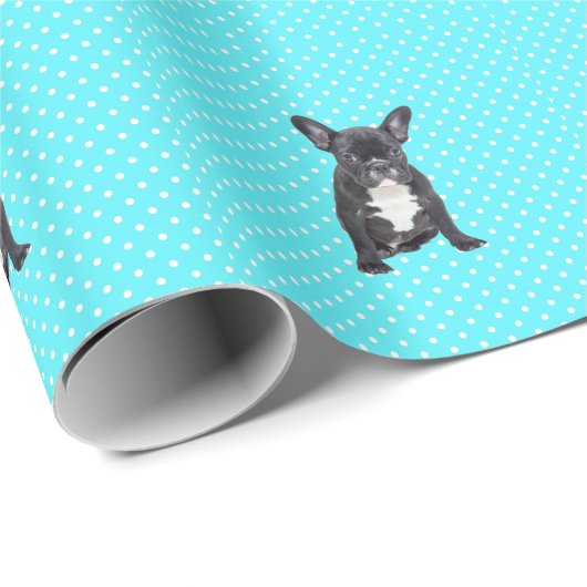 Schattigee Franse Bulldog Puppy Blauwe Polka Dots Cadeaupapier (Rol Hoek)