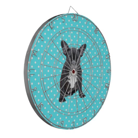 Schattigee Franse Bulldog Puppy Blauwe Polka Dots Dartbord (Voorkant Links)