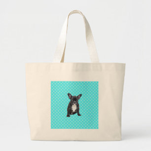 Schattigee Franse Bulldog Puppy Blauwe Polka Dots Grote Tote Bag