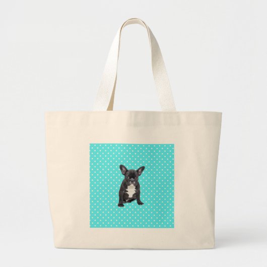 Schattigee Franse Bulldog Puppy Blauwe Polka Dots Grote Tote Bag (Voorkant)