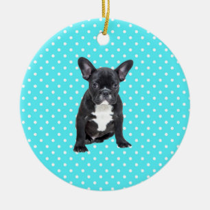 Schattigee Franse Bulldog Puppy Blauwe Polka Dots Keramisch Ornament