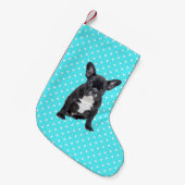 Schattigee Franse Bulldog Puppy Blauwe Polka Dots Kleine Kerstsok (Voorkant (Hangend))