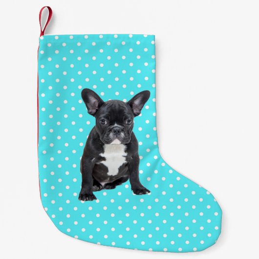 Schattigee Franse Bulldog Puppy Blauwe Polka Dots Kleine Kerstsok (Voorkant)