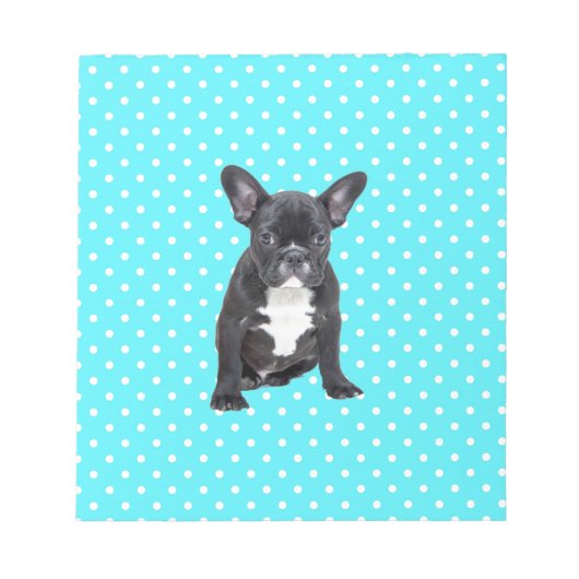 Schattigee Franse Bulldog Puppy Blauwe Polka Dots Notitieblok (Voorkant)