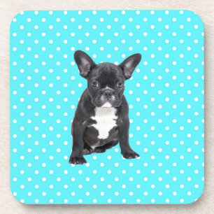 Schattigee Franse Bulldog Puppy Blauwe Polka Dots Onderzetter