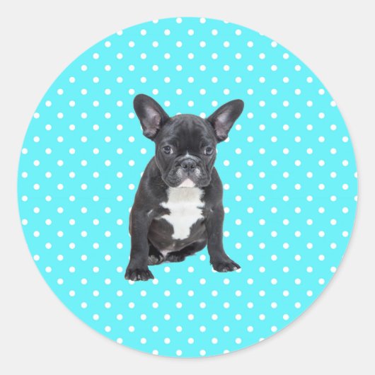 Schattigee Franse Bulldog Puppy Blauwe Polka Dots Ronde Sticker (Voorkant)