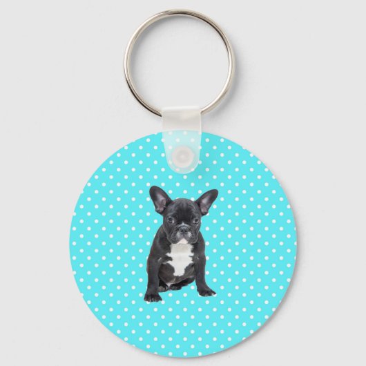 Schattigee Franse Bulldog Puppy Blauwe Polka Dots Sleutelhanger (Voorkant)
