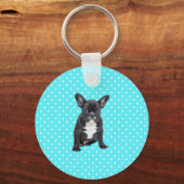 Schattigee Franse Bulldog Puppy Blauwe Polka Dots Sleutelhanger (Voorkant)