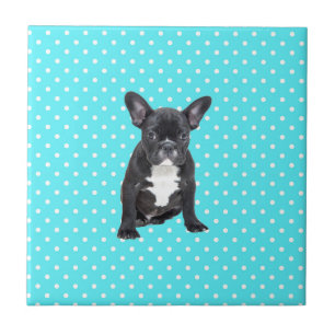 Schattigee Franse Bulldog Puppy Blauwe Polka Dots Tegeltje