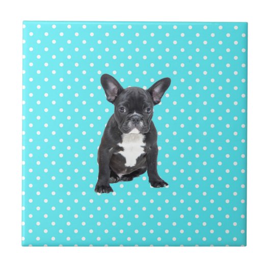 Schattigee Franse Bulldog Puppy Blauwe Polka Dots Tegeltje (Voorkant)
