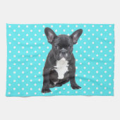 Schattigee Franse Bulldog Puppy Blauwe Polka Dots Theedoek (Horizontaal)