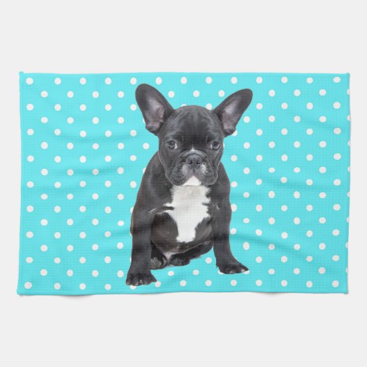Schattigee Franse Bulldog Puppy Blauwe Polka Dots Theedoek (Horizontaal)