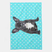 Schattigee Franse Bulldog Puppy Blauwe Polka Dots Theedoek (Verticaal)