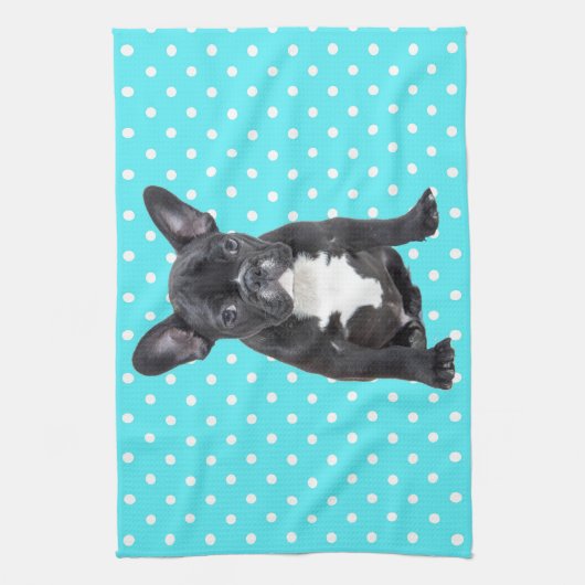 Schattigee Franse Bulldog Puppy Blauwe Polka Dots Theedoek (Verticaal)