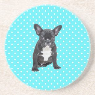 Schattigee Franse Bulldog Puppy Blauwe Polka Dots Zandsteen Onderzetter